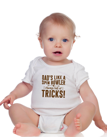 Dads Like a Spin Bowler, Always Full of Tricks! Funny Cricket Baby Bodysuit, Organic or In-Conversion to Organic Cotton, Self Fabric Bound Neckline, Cuffs and Leg Openings