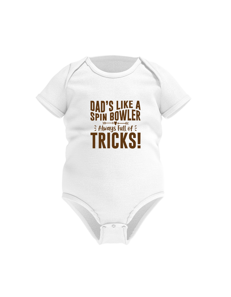 Dads Like a Spin Bowler, Always Full of Tricks! Funny Cricket Baby Bodysuit, Organic or In-Conversion to Organic Cotton, Self Fabric Bound Neckline, Cuffs and Leg Openings