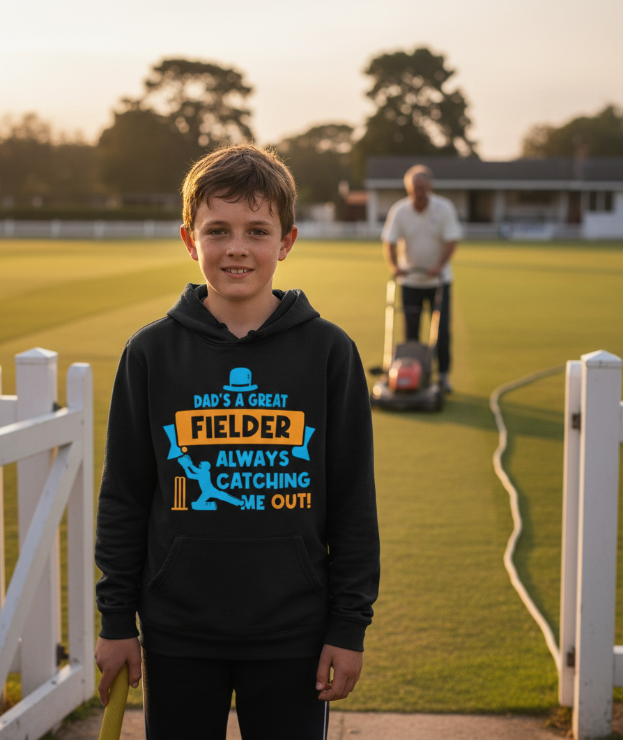 Child wearing a hoodie with a cricket-themed design on a grassy field. The boy is wearing a Cows Corner hoodie with the funny cricket slogan 'Dad is a Great Fielder, Always Catching Me Out'. Cows Corner gifts are perfect for sport-mad fans, these gifts work brilliantly for birthdays, new baby celebrations, Father’s Day, Mother’s Day, Christmas, anniversaries, thank you gifts, end-of-season team awards, graduations, retirements, and just-because moments when you want to raise a smile. 

