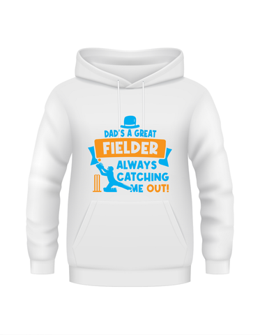 Dad Is a Great Fielder, Always Catching Me Out.  Funny Cricket Hoodie, Premium Fabric, Multiple Junior Sizes, Perfect for Boys and Girls