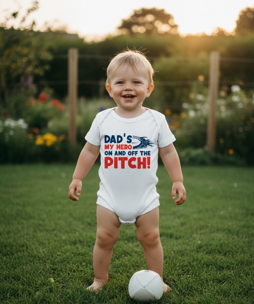 Child wearing a onesie with a humorous message about a dad, standing on grass with a soccer ball. The baby is wearing a Cows Corner baby grow with a funny rugby slogan 'Dad’s My Hero on and off the Pitch!'.  Cows Corner gifts are perfect for sport-mad fans, these gifts work brilliantly for birthdays, new baby celebrations, Father’s Day, Mother’s Day, Christmas, anniversaries, thank you gifts, end-of-season team awards, graduations, retirements, and just-because moments when you want to raise a smile. 

