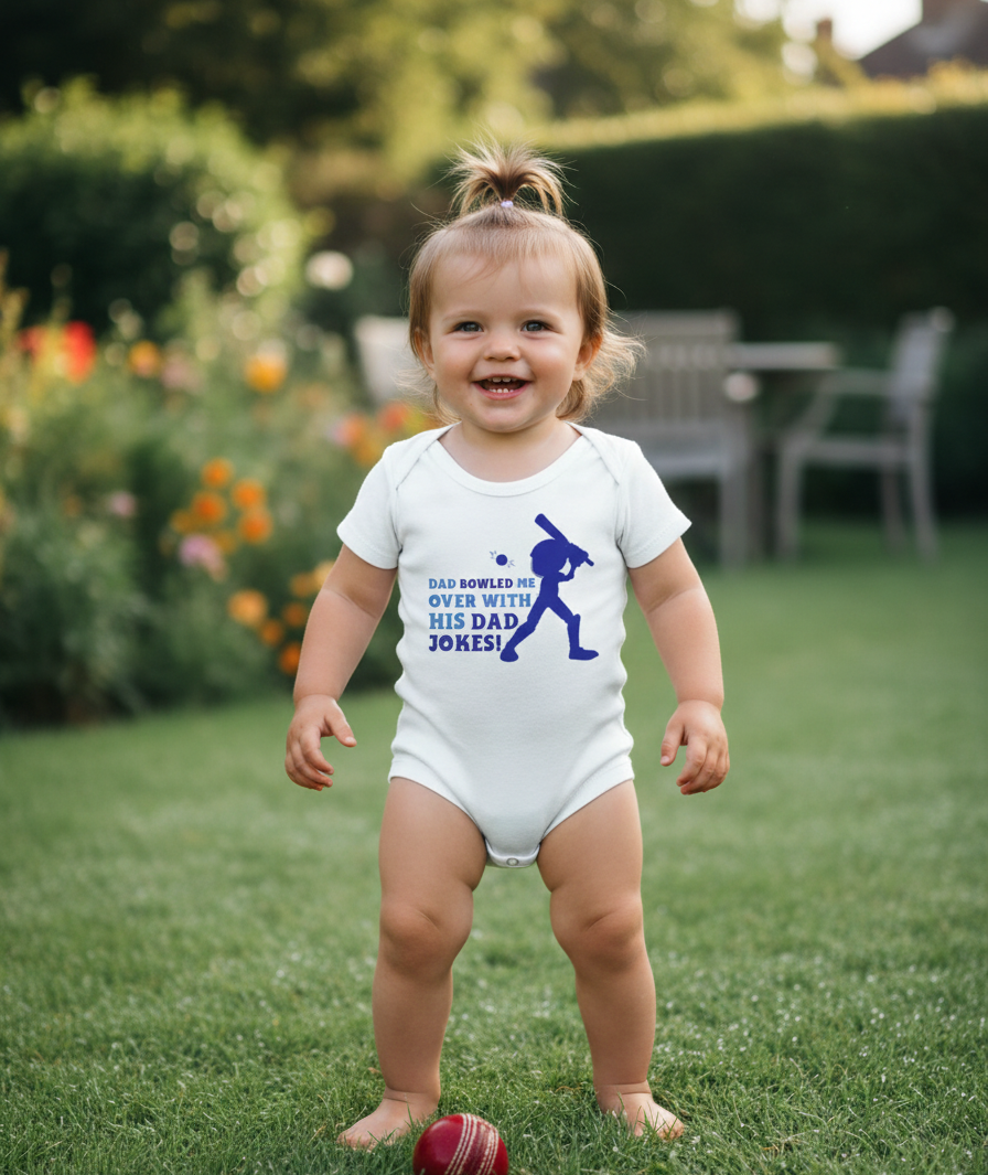 Child wearing a white onesie with blue text and graphics, standing on grass with a garden background. The baby is wearing a Cows Corner baby grow with a funny cricket slogan 'Dad Bowled Me Over With His Dad Jokes'. Cows Corner gifts are perfect for sport-mad fans, these gifts work brilliantly for birthdays, new baby celebrations, Father’s Day, Mother’s Day, Christmas, anniversaries, thank you gifts, end-of-season team awards, graduations, retirements, and just-because moments when you want to raise a smile.