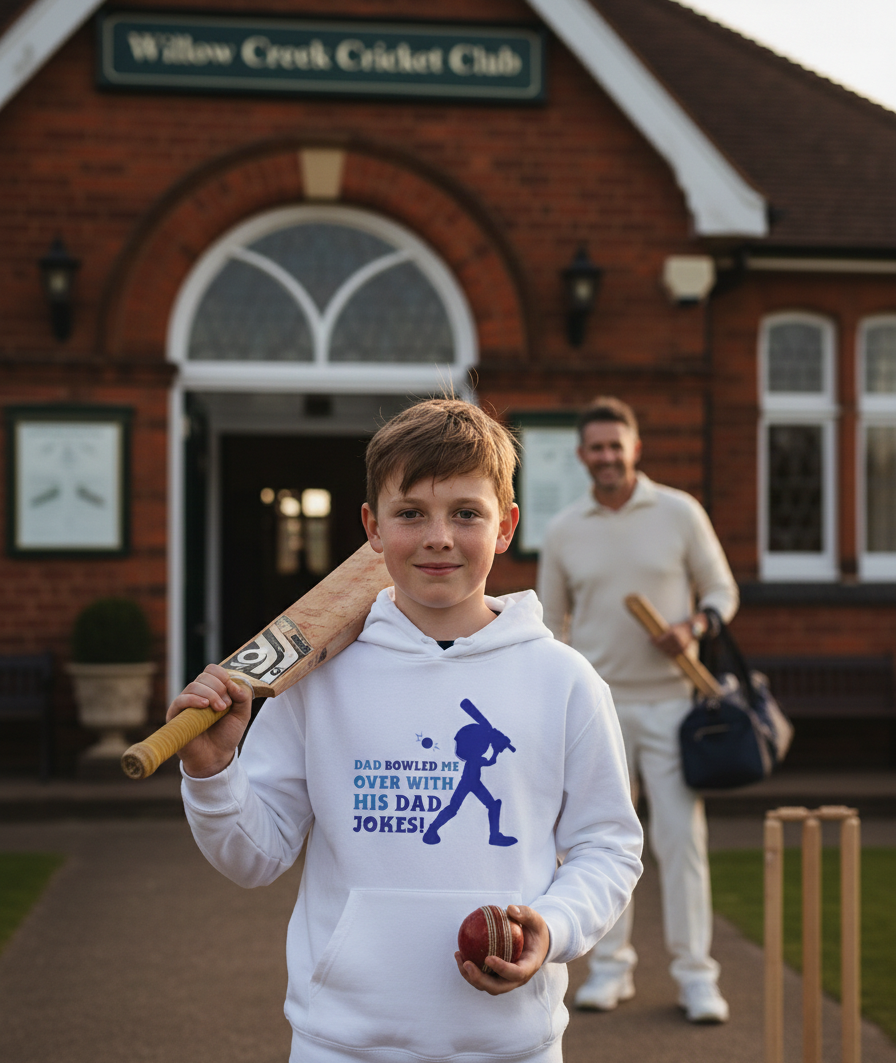 Young boy holding a cricket bat and ball in front of a brick building with 'Willow Creek Cricket Club' sign. The boy is wearing a Cows Corner hoodie with a funny cricket slogan 'Dad Bowled Me Over With His Dad Jokes'. Cows Corner gifts are perfect for sport-mad fans, these gifts work brilliantly for birthdays, new baby celebrations, Father’s Day, Mother’s Day, Christmas, anniversaries, thank you gifts, end-of-season team awards, graduations, retirements, and just-because moments when you want 