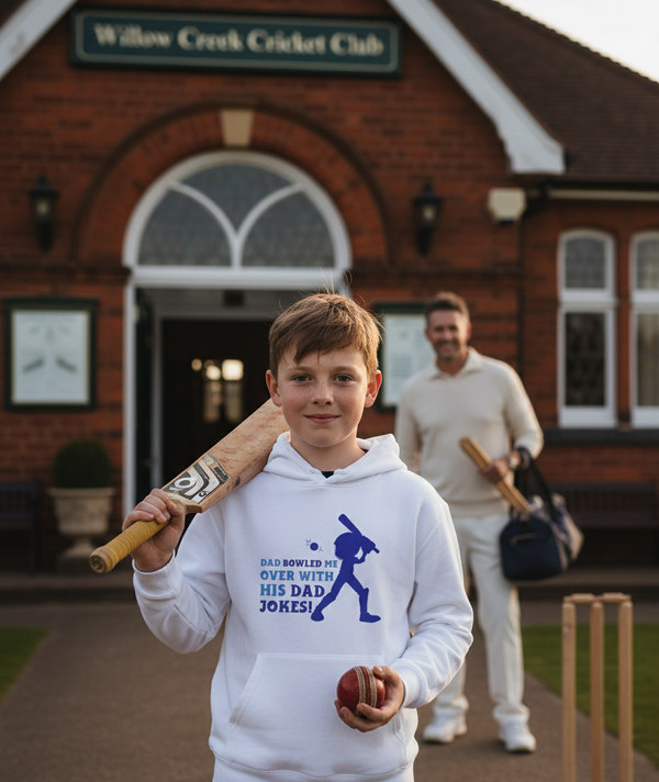 Young boy holding a cricket bat and ball in front of a brick building with 'Willow Creek Cricket Club' sign. The boy is wearing a Cows Corner hoodie with a funny cricket slogan 'Dad Bowled Me Over With His Dad Jokes'. Cows Corner gifts are perfect for sport-mad fans, these gifts work brilliantly for birthdays, new baby celebrations, Father’s Day, Mother’s Day, Christmas, anniversaries, thank you gifts, end-of-season team awards, graduations, retirements, and just-because moments when you want 