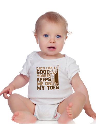 Dad’s Like a Good Yorker, Keeps Me on My Toes! Funny Cricket Baby Bodysuit, Organic or In-Conversion to Organic Cotton, Self Fabric Bound Neckline, Cuffs and Leg Openings