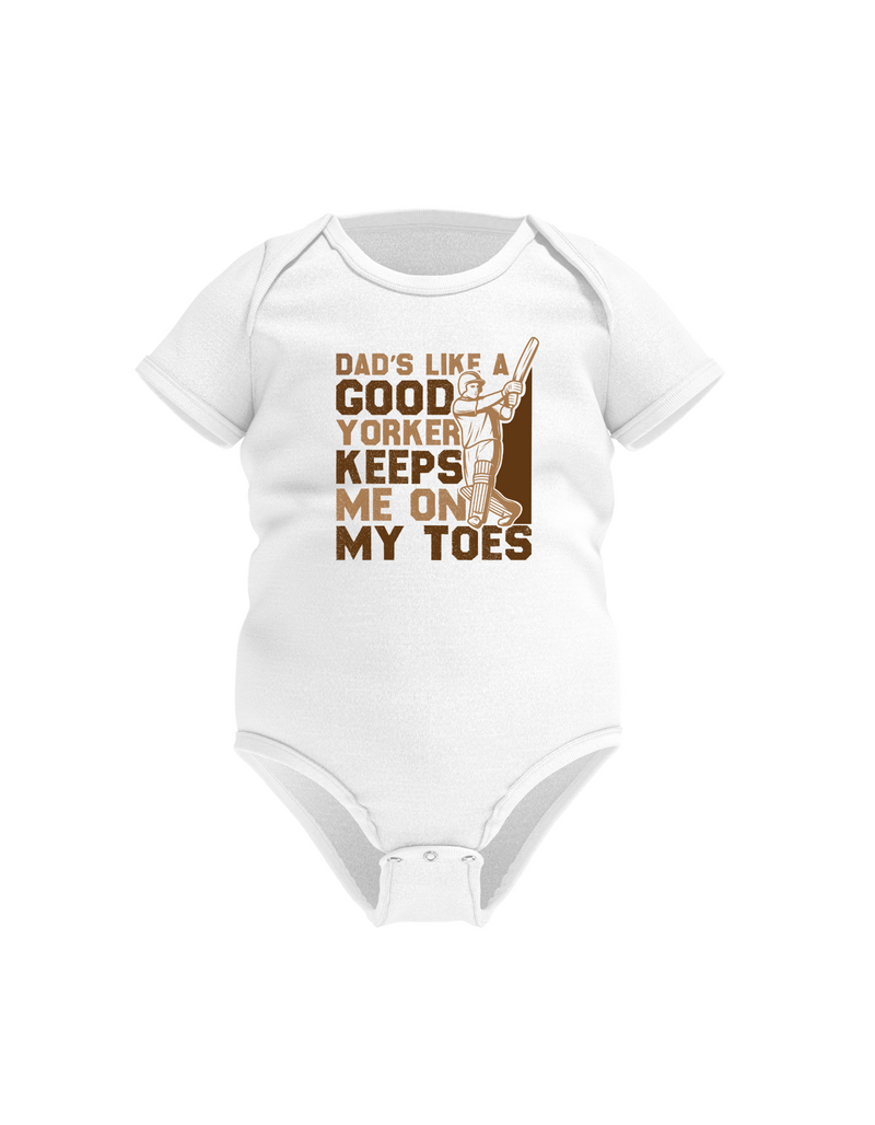 Dad’s Like a Good Yorker, Keeps Me on My Toes! Funny Cricket Baby Bodysuit, Organic or In-Conversion to Organic Cotton, Self Fabric Bound Neckline, Cuffs and Leg Openings