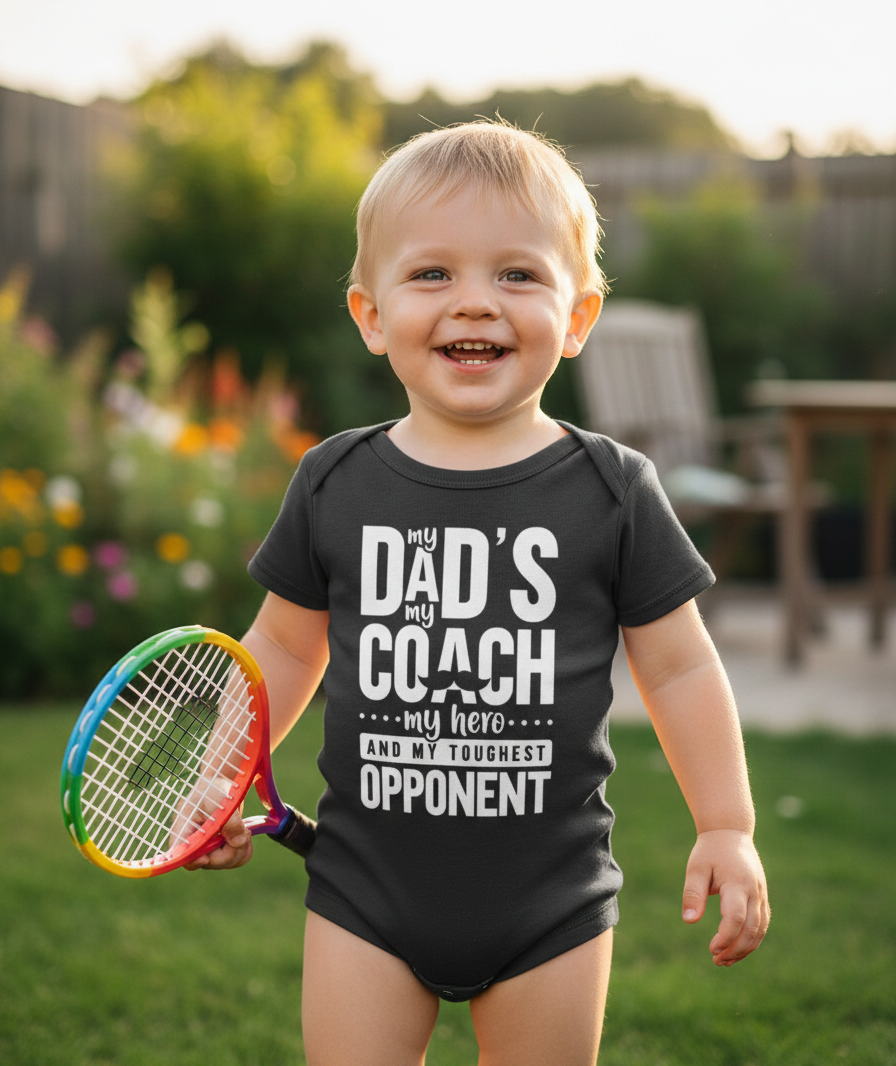 Child wearing a black onesie with text, holding a tennis racket in a garden setting. The baby is wearing a Cows Corner baby grow with funny tennis slogan 'My Dads My Coach, My Hero And My Toughest Opponent'. Cows Corner gifts are perfect for sport-mad fans, these gifts work brilliantly for birthdays, new baby celebrations, Father’s Day, Mother’s Day, Christmas, anniversaries, thank you gifts, end-of-season team awards, graduations, retirements, and just-because moments when you want to raise a smile. 
