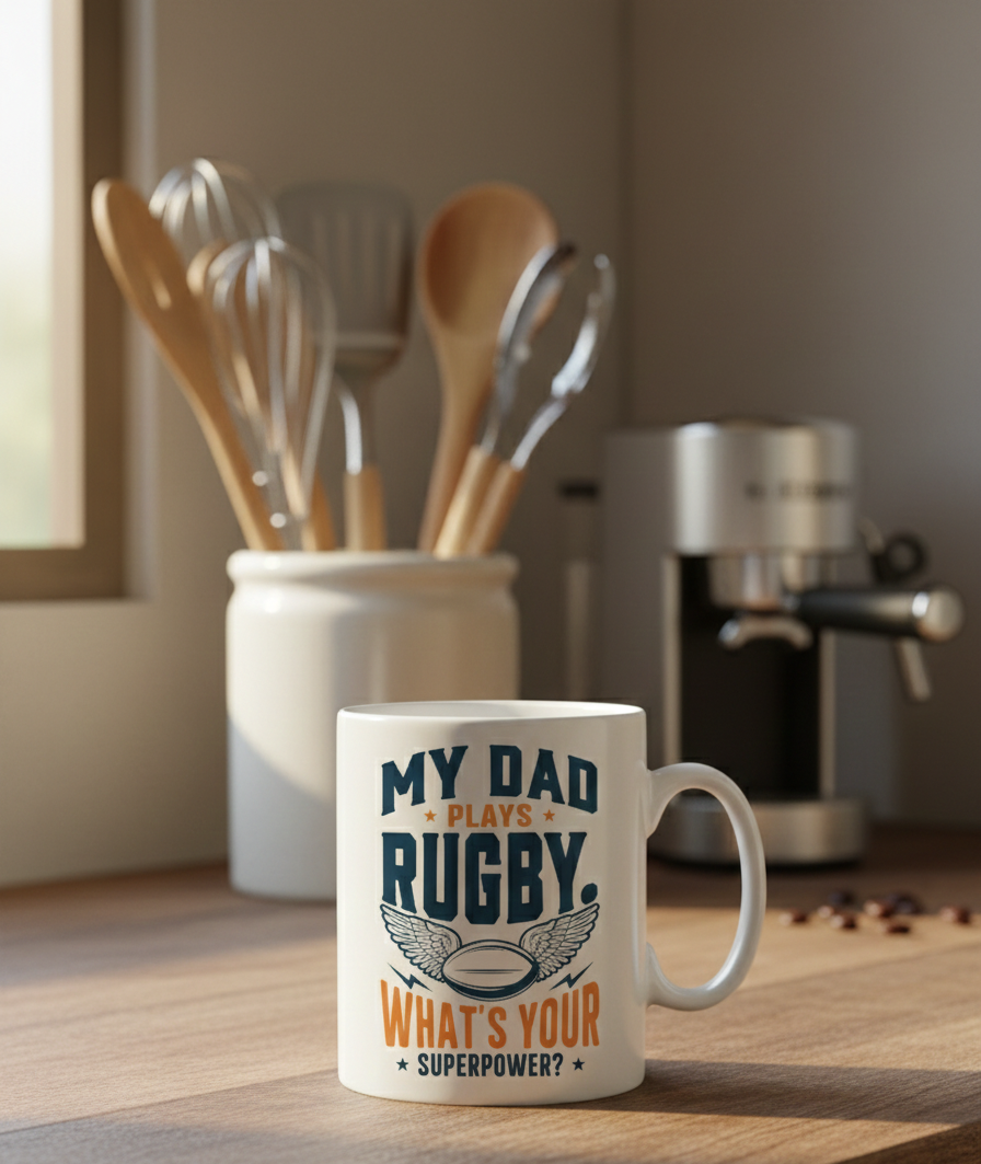 This is a Cows Corner mug with a funny rugby slogan 'My Dad Plays Rugby. What’s Your Superpower?'. Cows Corner gifts are perfect for sport-mad fans, these gifts work brilliantly for birthdays, new baby celebrations, Father’s Day, Mother’s Day, Christmas, anniversaries, thank you gifts, end-of-season team awards, graduations, retirements, and just-because moments when you want to raise a smile. 
