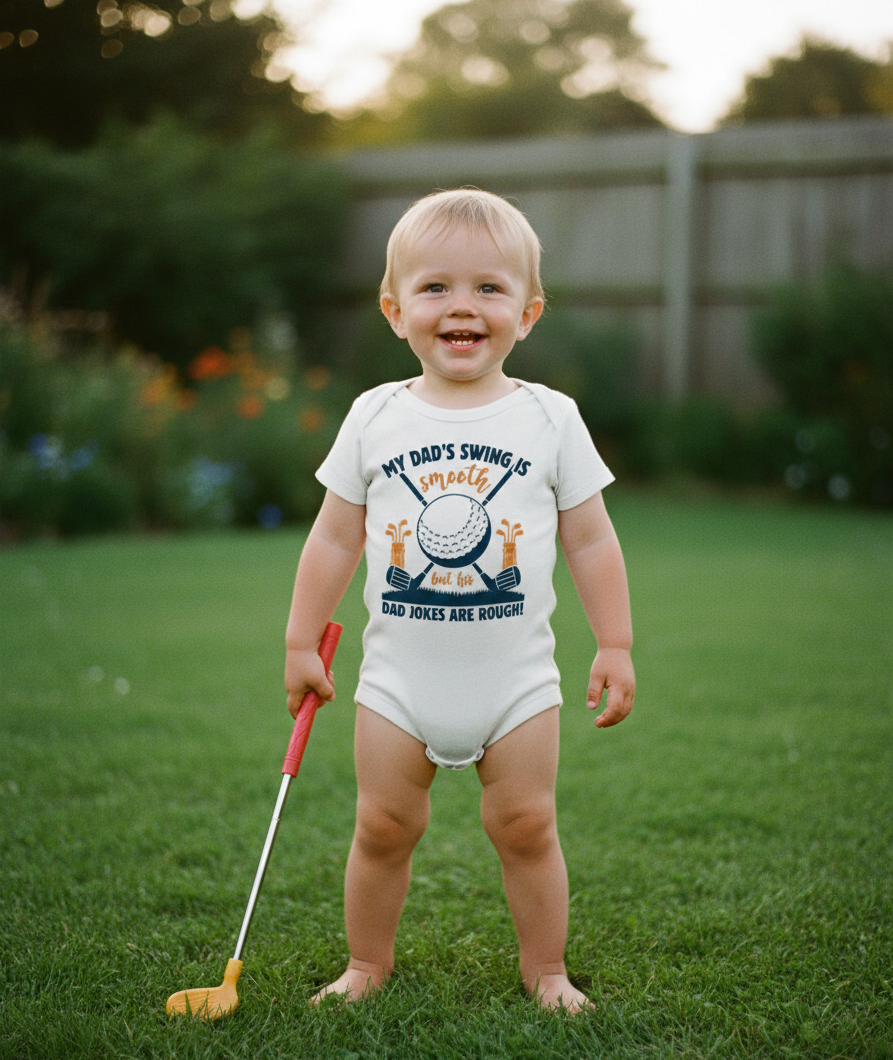 Child wearing a humorous onesie holding a golf club in a backyard setting. Baby wearing a Cows Corner baby grow with a funny golf slogan 'My Dad’s Swing Is Smooth but His Dad Jokes Are Rough!'. Cows Corner gifts are perfect for sport-mad fans, these gifts work brilliantly for birthdays, new baby celebrations, Father’s Day, Mother’s Day, Christmas, anniversaries, thank you gifts, end-of-season team awards, graduations, retirements, and just-because moments when you want to raise a smile. 
