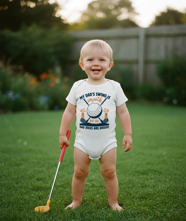 Child wearing a humorous onesie holding a golf club in a backyard setting. Baby wearing a Cows Corner baby grow with a funny golf slogan 'My Dad’s Swing Is Smooth but His Dad Jokes Are Rough!'. Cows Corner gifts are perfect for sport-mad fans, these gifts work brilliantly for birthdays, new baby celebrations, Father’s Day, Mother’s Day, Christmas, anniversaries, thank you gifts, end-of-season team awards, graduations, retirements, and just-because moments when you want to raise a smile. 
