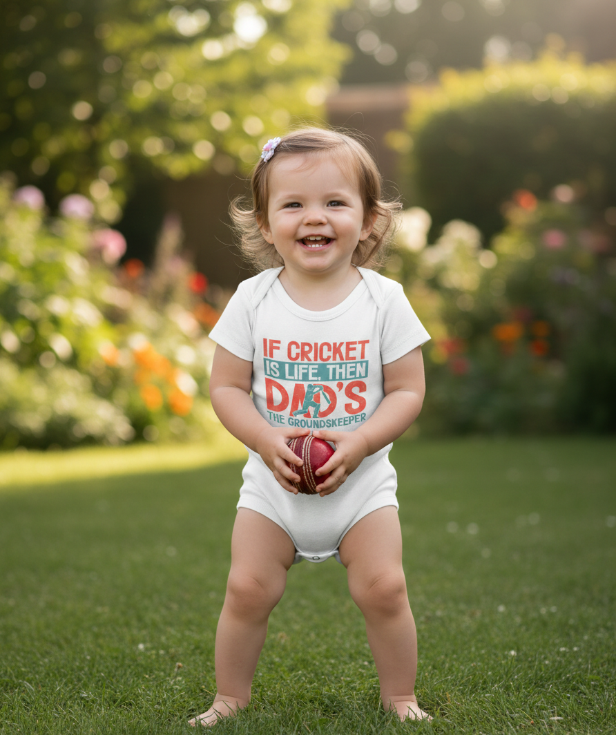 Child in a garden wearing a onesie with text, holding a red ball.  The baby is wearing a Cows Corner baby grow with a funny cricket slogan 'If Cricket Is Life, Then Dad's The Groundkeeper'.  Cows Corner gifts are perfect for sport-mad fans, these gifts work brilliantly for birthdays, new baby celebrations, Father’s Day, Mother’s Day, Christmas, anniversaries, thank you gifts, end-of-season team awards, graduations, retirements, and just-because moments when you want to raise a smile. 
