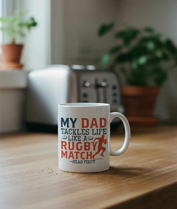 White mug with text on a wooden table with a blurred background. A Cows Corner mug with the slogan My Dad Tackles Life Like a Rugby Match- Head First. Cows Corner gifts are perfect for sport-mad fans, these gifts work brilliantly for birthdays, new baby celebrations, Father’s Day, Mother’s Day, Christmas, anniversaries, thank you gifts, end-of-season team awards, graduations, retirements, and just-because moments when you want to raise a smile. 
