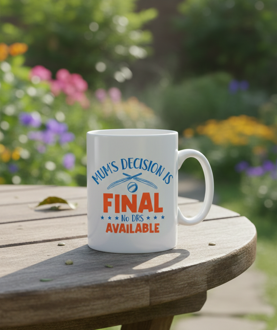 A white Cows Corner mug with 'Mum's Decision is Final, No DRS Available' text on a wooden table with a garden background. Cows Corner gifts are perfect for sport-mad fans, these gifts work brilliantly for birthdays, new baby celebrations, Father’s Day, Mother’s Day, Christmas, anniversaries, thank you gifts, end-of-season team awards, graduations, retirements, and just-because moments when you want to raise a smile. 
