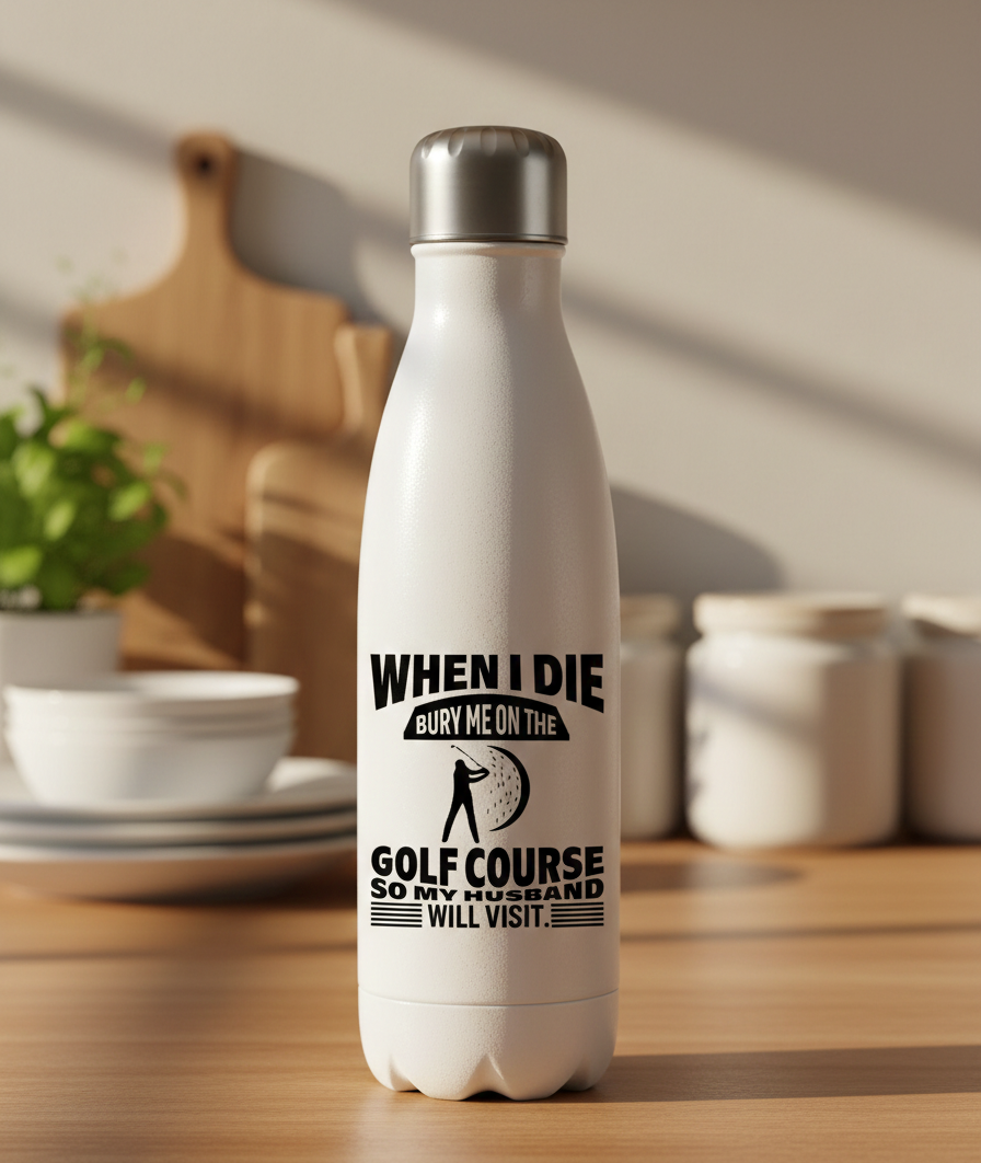 White water bottle with humorous text design on a kitchen counter. This is a Cows Corner water bottle with a funny golf slogan 'When I Die Bury Me on the Golf Course So My Husband Will Visit'. Cows Corner gifts are perfect for sport-mad fans, these gifts work brilliantly for birthdays, new baby celebrations, Father’s Day, Mother’s Day, Christmas, anniversaries, thank you gifts, end-of-season team awards, graduations, retirements, and just-because moments when you want to raise a smile. 

