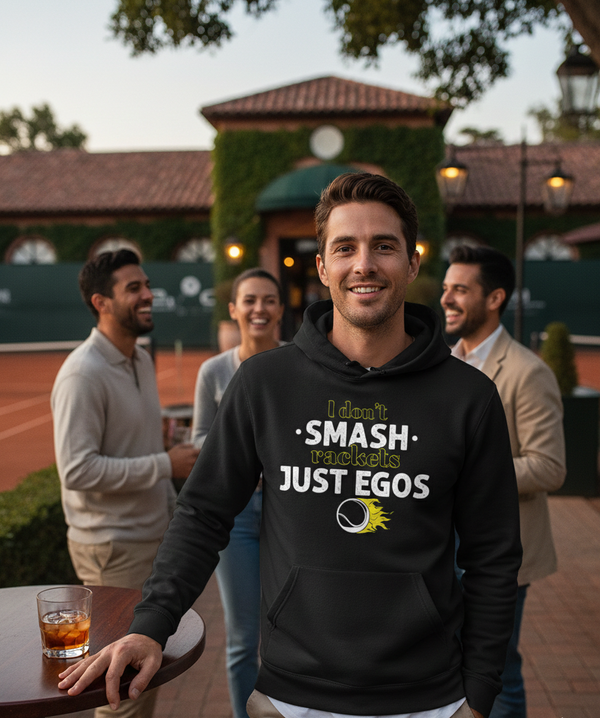 Man wearing a hoodie with text at a tennis court. The man is wearing a Cows Corner hoodie with a funny tennis slogan 'I Don't Smash Rackets Just Egos'. Cows Corner gifts are perfect for sport-mad fans, these gifts work brilliantly for birthdays, new baby celebrations, Father’s Day, Mother’s Day, Christmas, anniversaries, thank you gifts, end-of-season team awards, graduations, retirements, and just-because moments when you want to raise a smile. 
