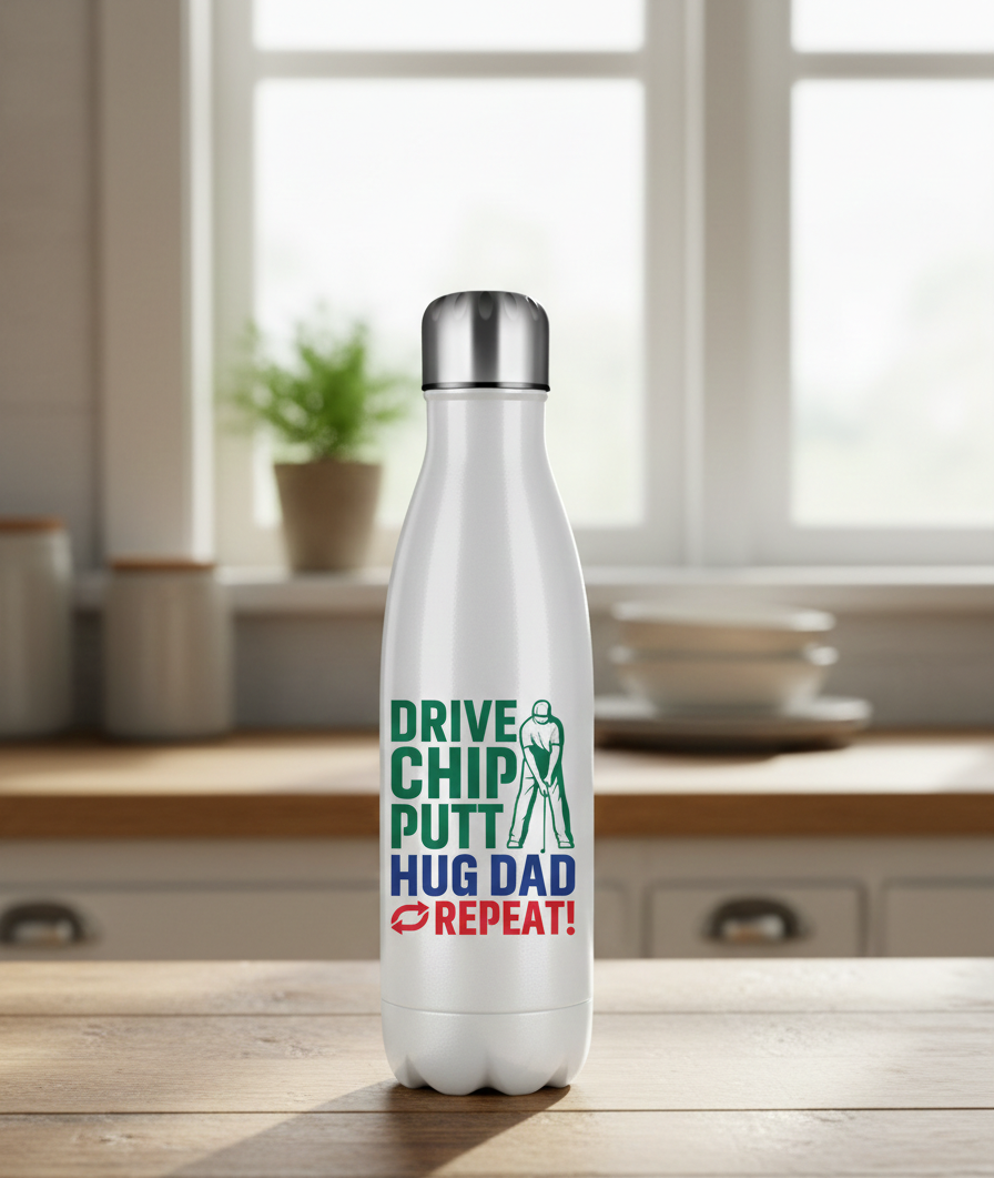 White water bottle with text design on a kitchen counter. This is a Cows Corner water bottle with a funny golf slogan 'Drive Chip Putt Hug Dad Repeat!'. Cows Corner gifts are perfect for sport-mad fans, these gifts work brilliantly for birthdays, new baby celebrations, Father’s Day, Mother’s Day, Christmas, anniversaries, thank you gifts, end-of-season team awards, graduations, retirements, and just-because moments when you want to raise a smile. 
