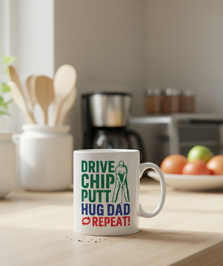 Mug with 'Drive Chip Putt Hug Dad Repeat' text on a kitchen counter. This is a Cows Corner mug - Cows Corner gifts are perfect for sport-mad fans, these gifts work brilliantly for birthdays, new baby celebrations, Father’s Day, Mother’s Day, Christmas, anniversaries, thank you gifts, end-of-season team awards, graduations, retirements, and just-because moments when you want to raise a smile. 
