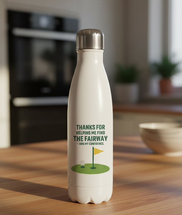 White water bottle with golf-themed design on a wooden surface. This is a Cows Corner water bottle with a funny golf slogan 'Thanks for Helping Me for the Fairway – and My Confidence'. Cows Corner gifts are perfect for sport-mad fans, these gifts work brilliantly for birthdays, new baby celebrations, Father’s Day, Mother’s Day, Christmas, anniversaries, thank you gifts, end-of-season team awards, graduations, retirements, and just-because moments when you want to raise a smile. 
