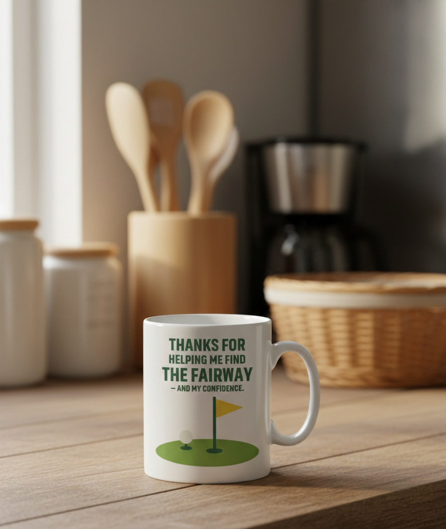 White mug with a golf-themed design on a wooden surface in a kitchen  setting. This is a Cows Corner mug with a funny golf slogan 'Thanks for Helping Me for the Fairway – and My Confidence'. Cows Corner gifts are perfect for sport-mad fans, these gifts work brilliantly for birthdays, new baby celebrations, Father’s Day, Mother’s Day, Christmas, anniversaries, thank you gifts, end-of-season team awards, graduations, retirements, and just-because moments when you want to raise a smile. 
