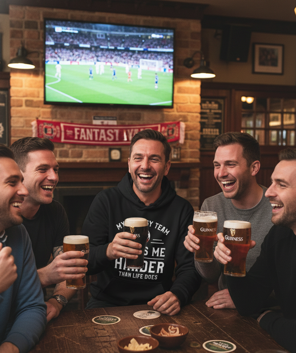 Group of men enjoying Guinness beer in a pub with a sports event on TV with one wearing a Cows Corner funny slogan hoodie