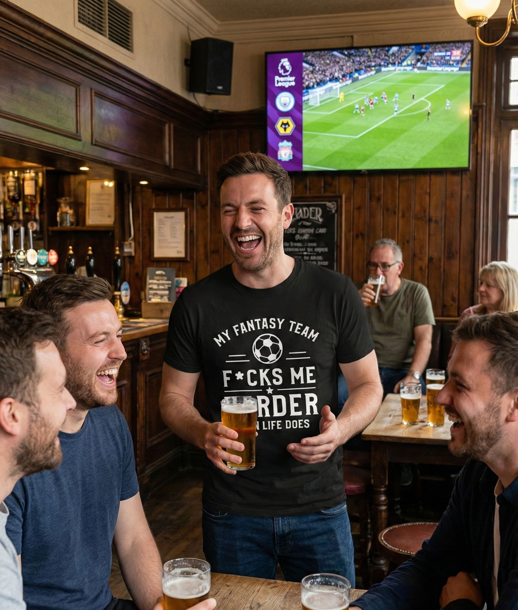 A group of men in a pub watching sports on TV and drinking beer with one man wearing a Cows Corner funny slogan t-shirt