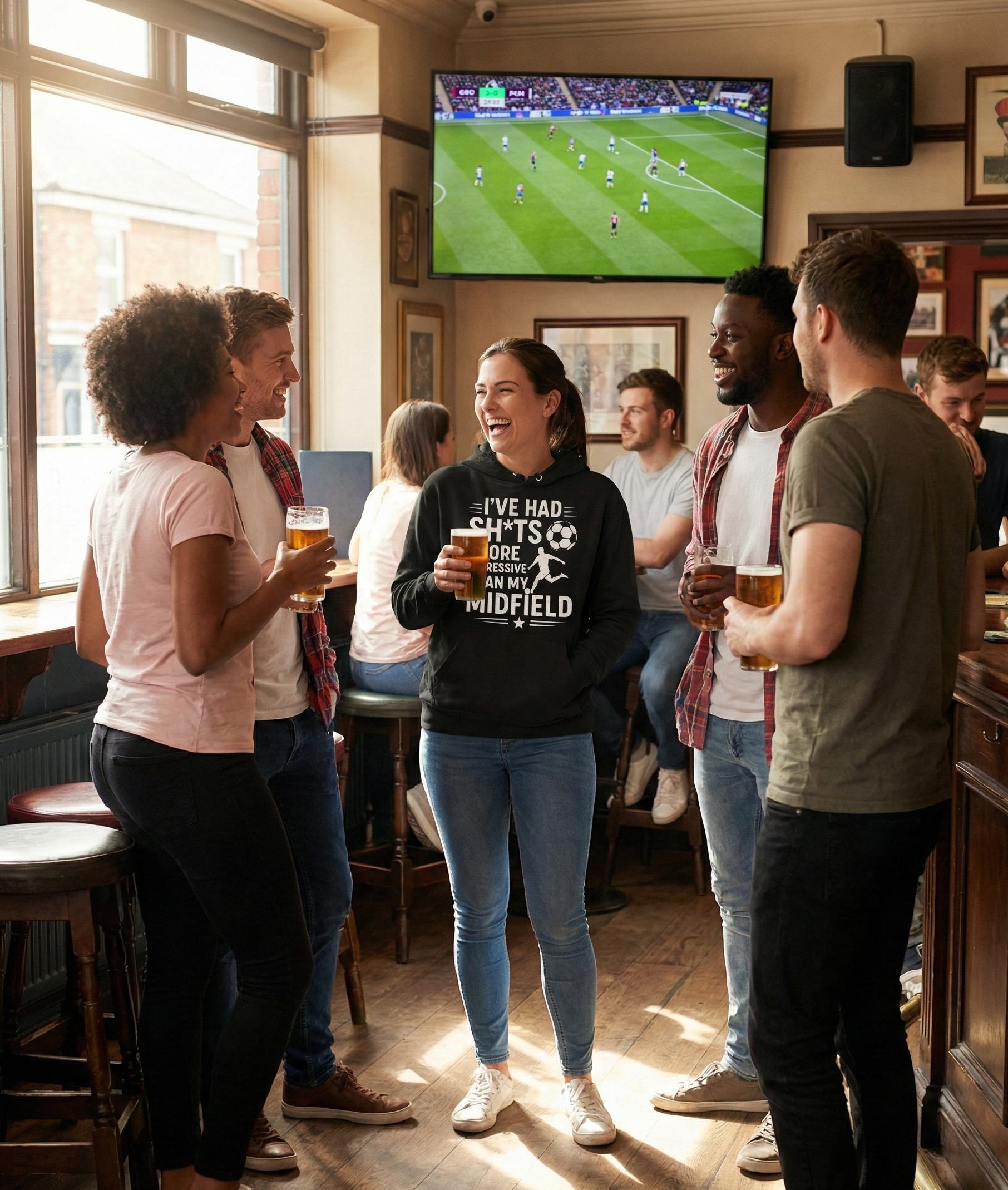 Group of people in a pub watching a sports match on television wearing a Cows Corner funny slogan hoodie