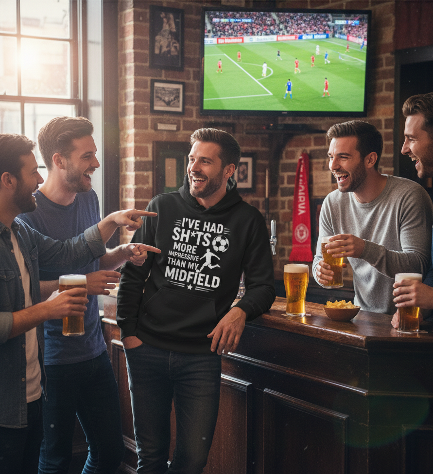 Group of men in a bar watching sports on TV and drinking beer wearing a Cows Corner funny slogan hoodie