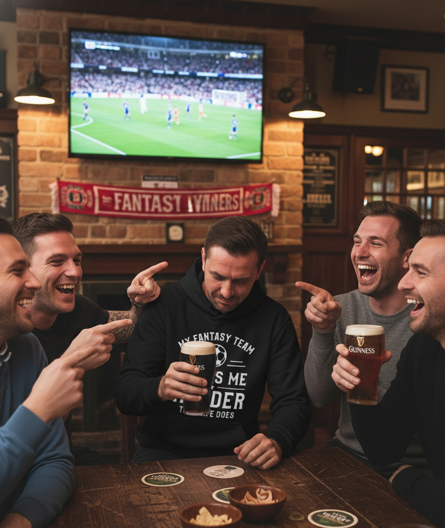 Group of men in a pub watching sports on TV and drinking beer with one wearing a Cows Corner funny slogan hoodie