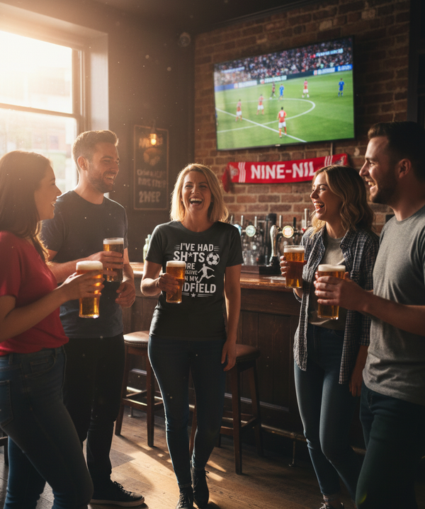 Group of people enjoying drinks and watching a sports game in a bar wearing a Cows Corner funny slogan t-shirt