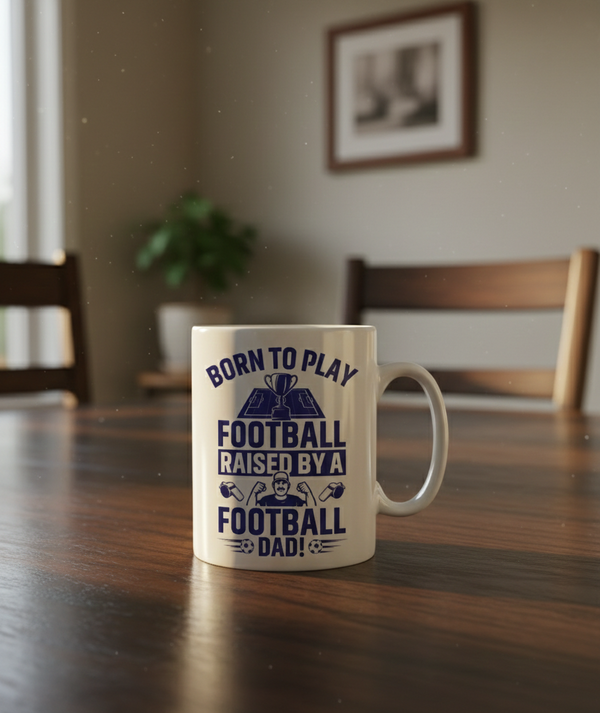 A Cows Corner mug with a funny football slogan 'Born To Play Football. Raised by a Football Dad!'. Cows Corner gifts are perfect for sport-mad fans, these gifts work brilliantly for birthdays, new baby celebrations, Father’s Day, Mother’s Day, Christmas, anniversaries, thank you gifts, end-of-season team awards, graduations, retirements, and just-because moments when you want to raise a smile. 
