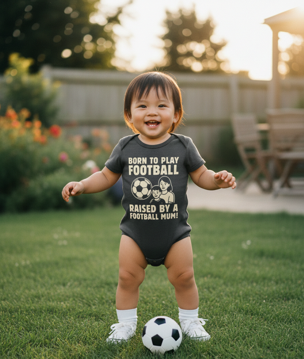Child wearing a Cows Corner baby grow with the funny football slogan 'Born To Play Football Raised by a Football Mum!'. Cows Corner gifts are perfect for sport-mad fans, these gifts work brilliantly for birthdays, new baby celebrations, Father’s Day, Mother’s Day, Christmas, anniversaries, thank you gifts, end-of-season team awards, graduations, retirements, and just-because moments when you want to raise a smile. 
