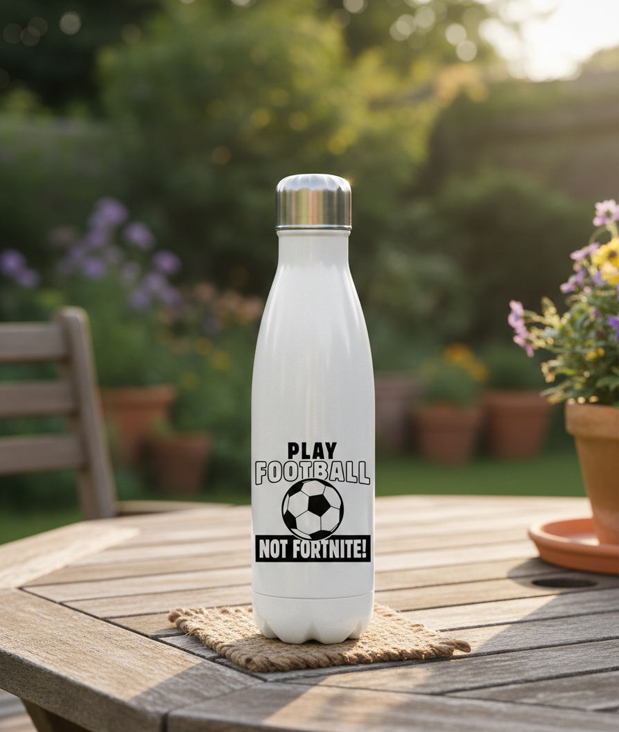 White water bottle with a soccer-themed design on a wooden table outdoors. This is a Cows Corner water bottle with a funny football slogan 'Play Football Not Fortnite!'. Cows Corner gifts are perfect for sport-mad fans, these gifts work brilliantly for birthdays, new baby celebrations, Father’s Day, Mother’s Day, Christmas, anniversaries, thank you gifts, end-of-season team awards, graduations, retirements, and just-because moments when you want to raise a smile. 
