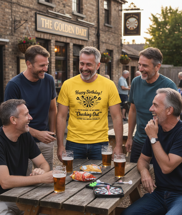 Happy Birthday! You’ve Reached the Age Where 'checking Out' is a Very Real Medical Possibility | Funny Darts Birthday T-shirt