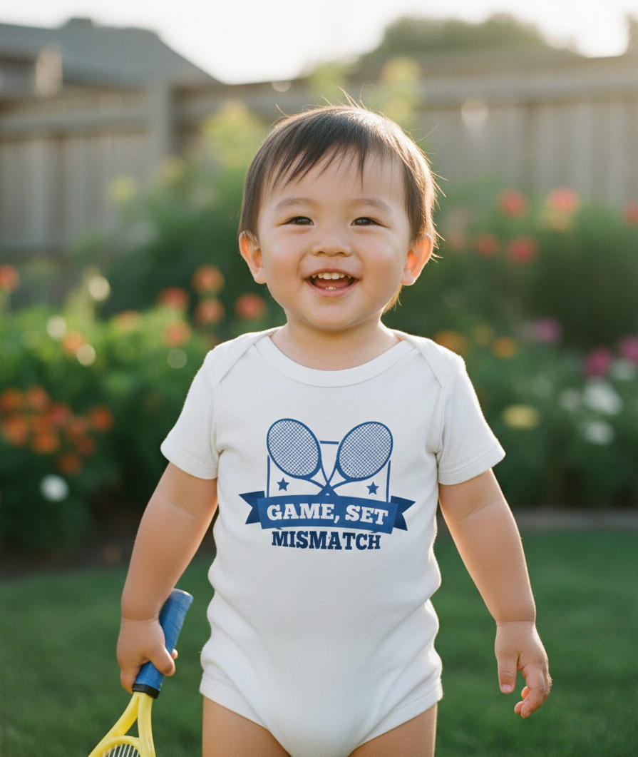 Child wearing a white onesie with blue text and graphics, standing outdoors in a garden. The baby is wearing a Cows Corner baby grow with a funny tennis slogan 'Game, Set, Mismatch. Cows Corner gifts are perfect for sport-mad fans, these gifts work brilliantly for birthdays, new baby celebrations, Father’s Day, Mother’s Day, Christmas, anniversaries, thank you gifts, end-of-season team awards, graduations, retirements, and just-because moments when you want to raise a smile. 
