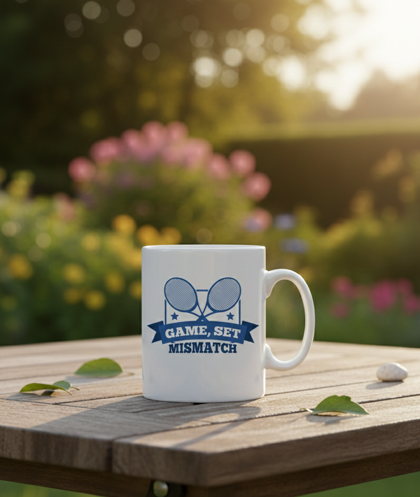 A white Cows Corner mug with 'Game, Set Mismatch' design on a wooden table with a garden background. Cows Corner gifts are perfect for sport-mad fans, these gifts work brilliantly for birthdays, new baby celebrations, Father’s Day, Mother’s Day, Christmas, anniversaries, thank you gifts, end-of-season team awards, graduations, retirements, and just-because moments when you want to raise a smile. 
