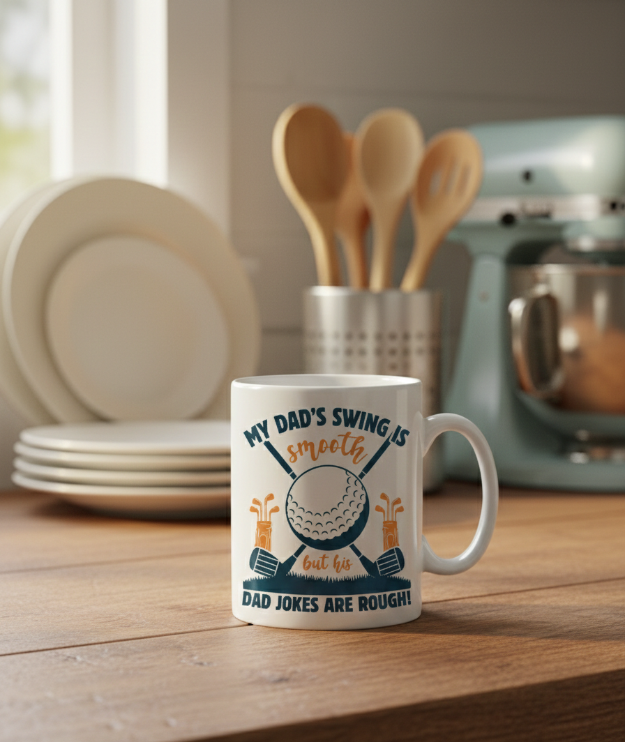 Mug with golf-themed design on a kitchen counter. This is a Cows Corner mug with a funny golf slogan 'My Dad’s Swing Is Smooth but His Dad Jokes Are Rough!'. Cows Corner gifts are perfect for sport-mad fans, these gifts work brilliantly for birthdays, new baby celebrations, Father’s Day, Mother’s Day, Christmas, anniversaries, thank you gifts, end-of-season team awards, graduations, retirements, and just-because moments when you want to raise a smile. 
