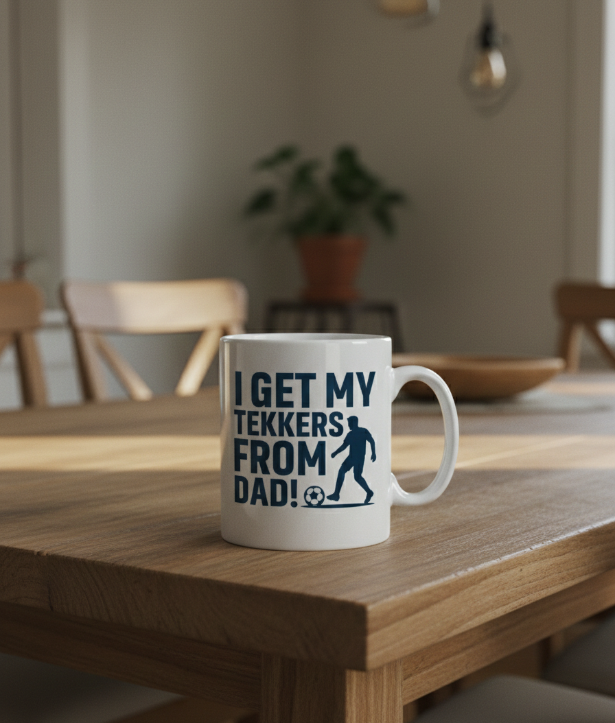 Mug with text on a wooden table in a room with chairs and a plant. This is a Cows Corner mug with a funny football slogan 'I Get My Tekkers From Dad'. Cows Corner gifts are perfect for sport-mad fans, these gifts work brilliantly for birthdays, new baby celebrations, Father’s Day, Mother’s Day, Christmas, anniversaries, thank you gifts, end-of-season team awards, graduations, retirements, and just-because moments when you want to raise a smile. 
