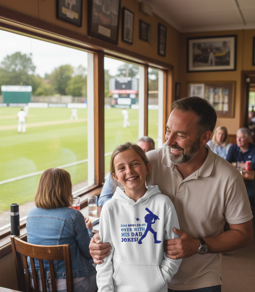 Man and young girl in a sports bar watching a game.  The girl is wearing a Cows Corner hoodie with the funny cricket slogan 'Dad Bowled Me Over With His Dad Jokes'. Cows Corner gifts are perfect for sport-mad fans, these gifts work brilliantly for birthdays, new baby celebrations, Father’s Day, Mother’s Day, Christmas, anniversaries, thank you gifts, end-of-season team awards, graduations, retirements, and just-because moments when you want to raise a smile. 

