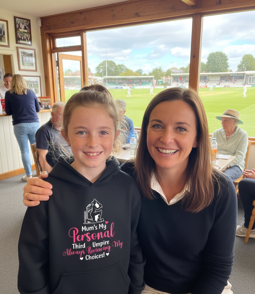 Woman and young girl posing together with a hoodie featuring text in a room with a view of a sports field. The girl is wearing a Cows Corner hoodie with the funny cricket slogan that reads 'Mum's My Personal Third Umpire, Always Reviewing My Choices'.  Cows Corner gifts are perfect for sport-mad fans, these gifts work brilliantly for birthdays, new baby celebrations, Father’s Day, Mother’s Day, Christmas, anniversaries, thank you gifts, end-of-season team awards, graduations, retirements, and just-because