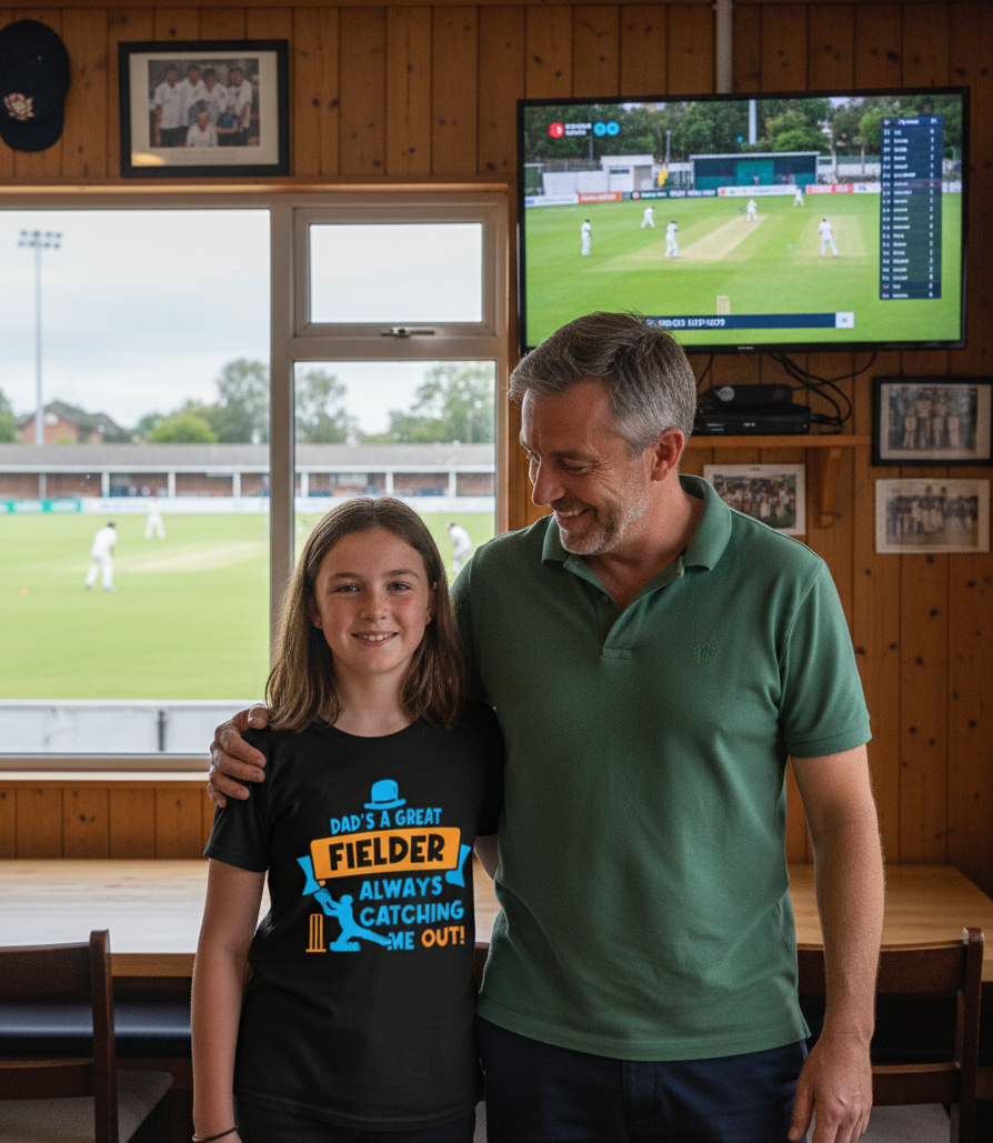 Man and young girl standing together in a room with a TV showing a cricket match.  The young girl is wearing a Cows Corner t-shirt with the funny and sweet cricket slogan on the front that reads 'Dad is a Great Fielder, Always Catching Me Out'
