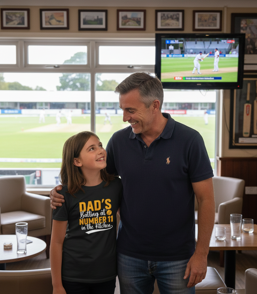 Man and young girl standing together in a room with a TV showing a cricket match.  The young girl is wearing a Cows Corner t-shirt with the funny cricket slogan on the front that reads 'Dads Batting At Number 11 In The Kitchen'