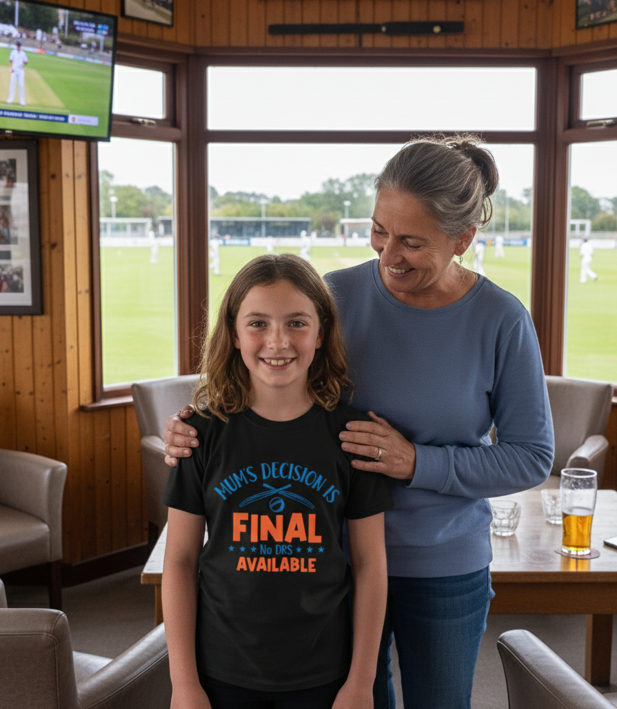 Woman and young boy standing together in a room with a view of a sports field.  The young boy is wearing a Cows Corner T-shirt with the funny and sweet cricket slogan on the front that reads 'Mum’s Decision is Final – No DRS Available'. Cows Corner gifts are perfect for sport-mad fans, these gifts work brilliantly for birthdays, new baby celebrations, Father’s Day, Mother’s Day, Christmas, anniversaries, thank you gifts, end-of-season team awards, graduations, retirements, and just-because moments.