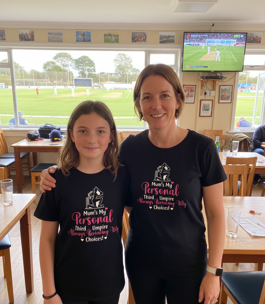 Two people wearing black t-shirts with text in a room with a sports field view.  The  lady and young girl are both wearing a Cows Corner t-shirt with the funny and sweet cricket saying on the front that reads 'Mum's My Personal Third Umpire, Always Reviewing My Choices '