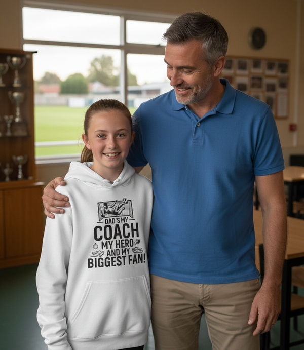Man and woman standing together in a sports facility, with the woman wearing a hoodie with text. The girl is wearing a Cows Corner hoodie with the funny football slogan 'Dad’s My Coach My Hero and My Biggest Fan!'. Cows Corner gifts are perfect for sport-mad fans, these gifts work brilliantly for birthdays, new baby celebrations, Father’s Day, Mother’s Day, Christmas, anniversaries, thank you gifts, end-of-season team awards, graduations, retirements, and just-because moments when you want to raise a smile.