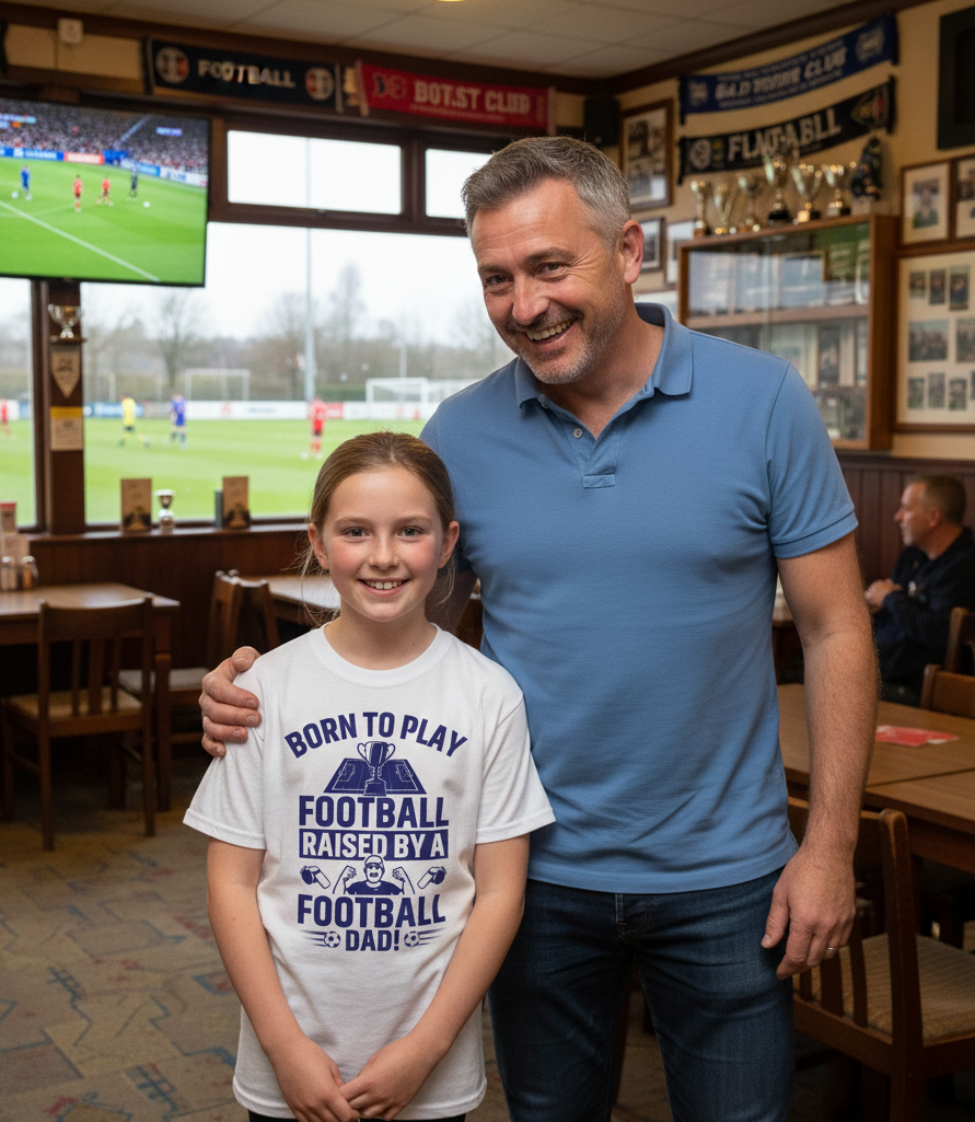 Man and young girl standing together in a sports bar with a TV showing a football match.  The girl is wearing a Cows Corner t-shirt with the funny and sweet football slogan on the front that reads 'Born To Play Football. Raised by a Football Dad!'. Cows Corner gifts are perfect for sport-mad fans, these gifts work brilliantly for birthdays, new baby celebrations, Father’s Day, Mother’s Day, Christmas, anniversaries, thank you gifts, end-of-season team awards, graduations, retirements, and just-because
