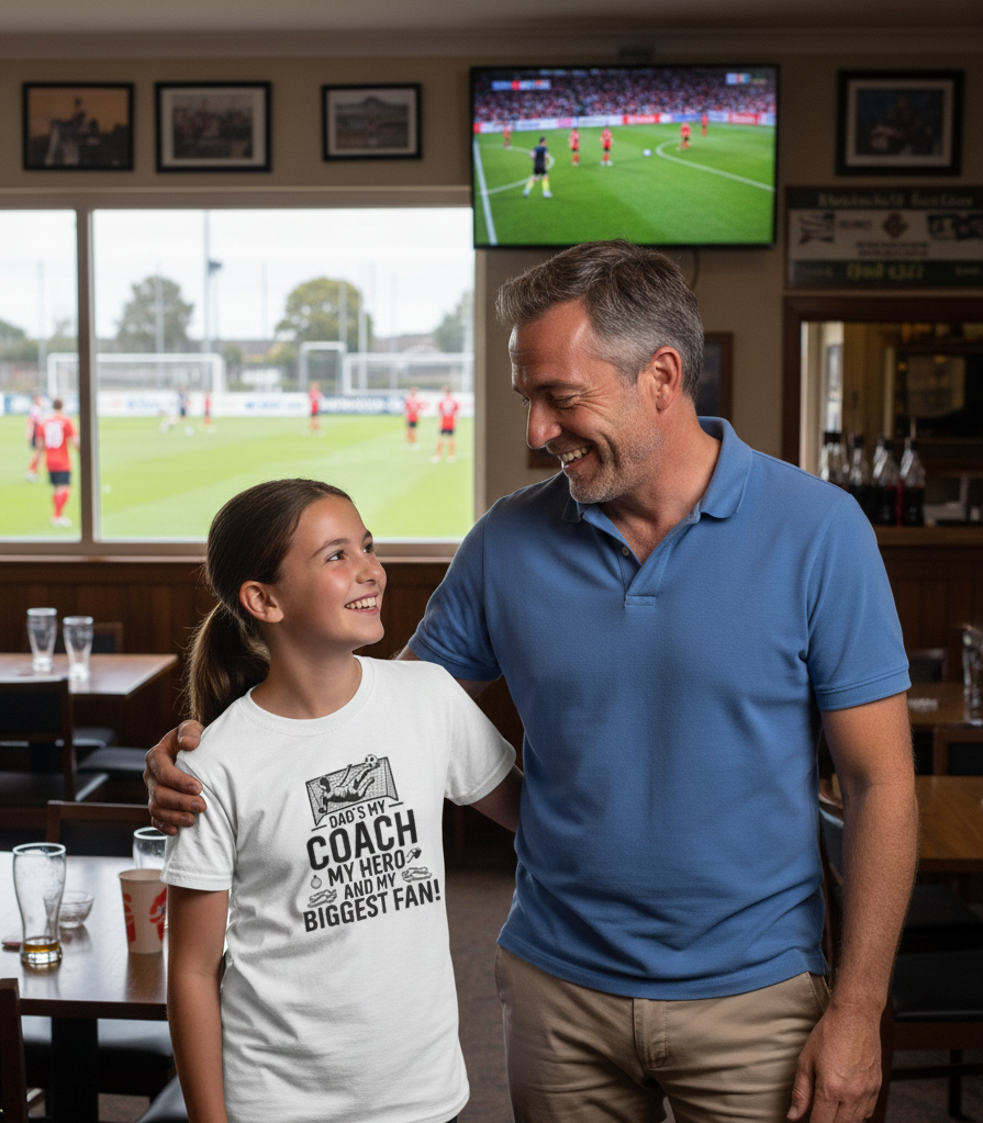 Man and young girl in a sports bar watching a soccer match on TV.  The girl is wearing a Cows Corner T-shirt with the funny and sweet football slogan on the front that reads 'Dad’s My Coach My Hero and My Biggest Fan!'.  Cows Corner gifts are perfect for sport-mad fans, these gifts work brilliantly for birthdays, new baby celebrations, Father’s Day, Mother’s Day, Christmas, anniversaries, thank you gifts, end-of-season team awards, graduations, retirements, and just-because moments 