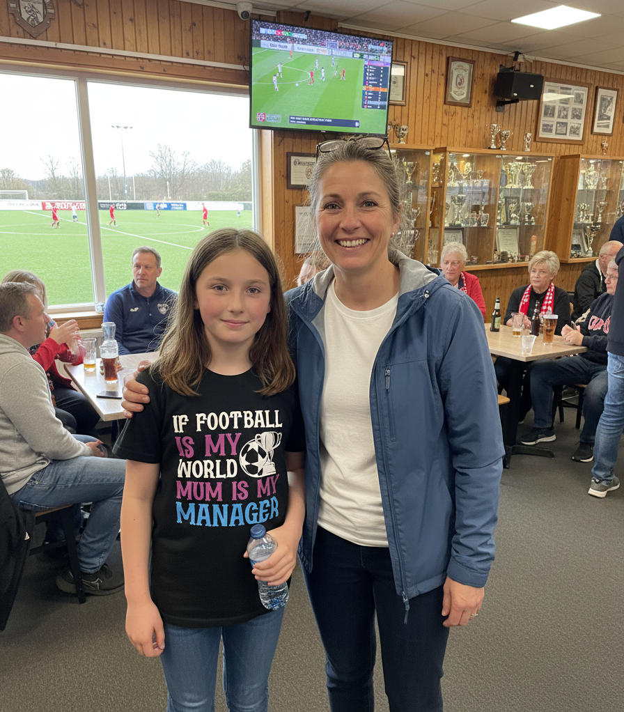 Two women standing together in a sports bar with a television showing a soccer match in the background. The girl is wearing a Cows Corner t-shirt with the funny and sweet slogan on the front that reads 'If Football Is My World Mum Is My Manager'. Cows Corner gifts are perfect for sport-mad fans, these gifts work brilliantly for birthdays, new baby celebrations, Father’s Day, Mother’s Day, Christmas, anniversaries, thank you gifts, end-of-season team awards, graduations, retirements, and just-because moments