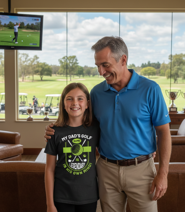 Man and young girl standing together in a golf-themed room with a TV screen showing a golf game. The girl is wearing a Cows Corner t-shirt with a funny and sweet golf saying on the front that reads 'My Dad’s Golf Game Is Legendary in His Own Mind!'. Cows Corner gifts are perfect for sport-mad fans, these gifts work brilliantly for birthdays, new baby celebrations, Father’s Day, Mother’s Day, Christmas, anniversaries, thank you gifts, end-of-season team awards, graduations, retirements, and just-because 