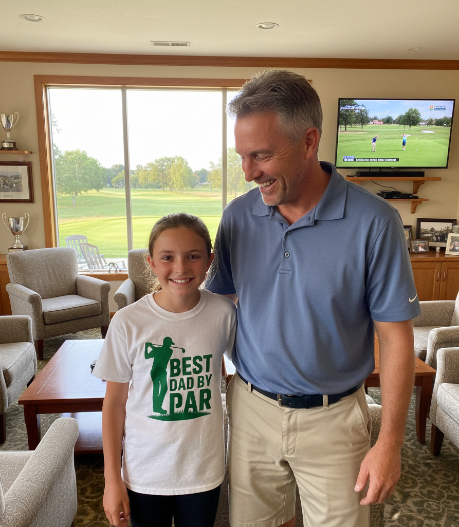 Man and young girl standing in a living room with a golf-themed shirt, smiling. The girl is wearing a Cows Corner t-shirt with a funny and sweet golf saying on the front that reads 'Best Dad by Par'. Cows Corner gifts are perfect for sport-mad fans, these gifts work brilliantly for birthdays, new baby celebrations, Father’s Day, Mother’s Day, Christmas, anniversaries, thank you gifts, end-of-season team awards, graduations, retirements, and just-because moments when you want to raise a smile. 