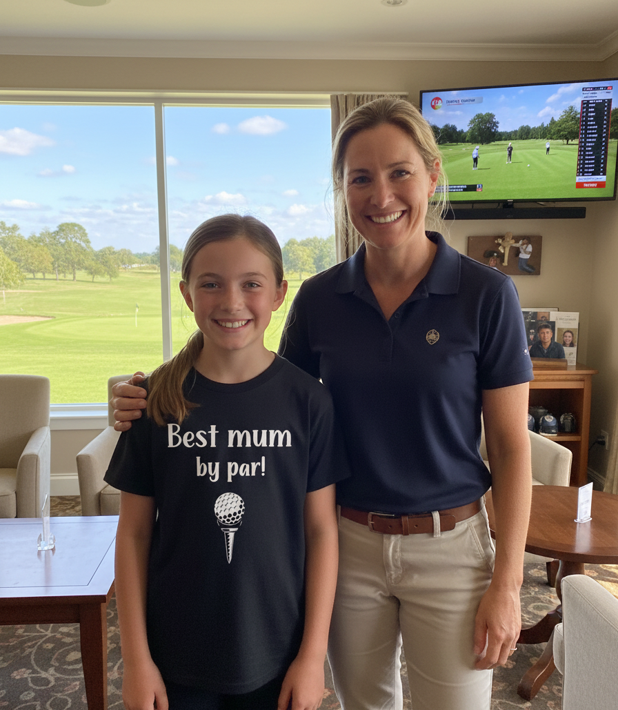 Two women standing in a room with a golf course view, one wearing a Cows Corner t-shirt with a funny and sweet golf slogan on the front that reads 'Best mum by par'.  Cows Corner gifts are perfect for sport-mad fans, these gifts work brilliantly for birthdays, new baby celebrations, Father’s Day, Mother’s Day, Christmas, anniversaries, thank you gifts, end-of-season team awards, graduations, retirements, and just-because moments when you want to raise a smile. 
